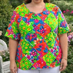 Vintage Synopsis Plus Colorful Floral Patchwork Bloue‎ Top 20 100% Cotton
